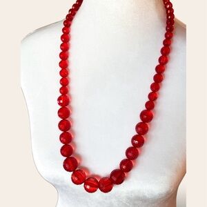 Vintage Red Faceted Crystal Graduated Bead Statement Necklace Gold Clasp 27.5”